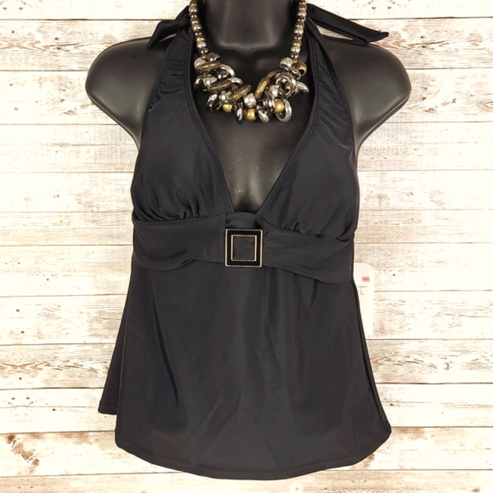 NWT, Jaclyn Smith, Women's 6 Halter Tie Tankini Swim Top Blk with buckle detail